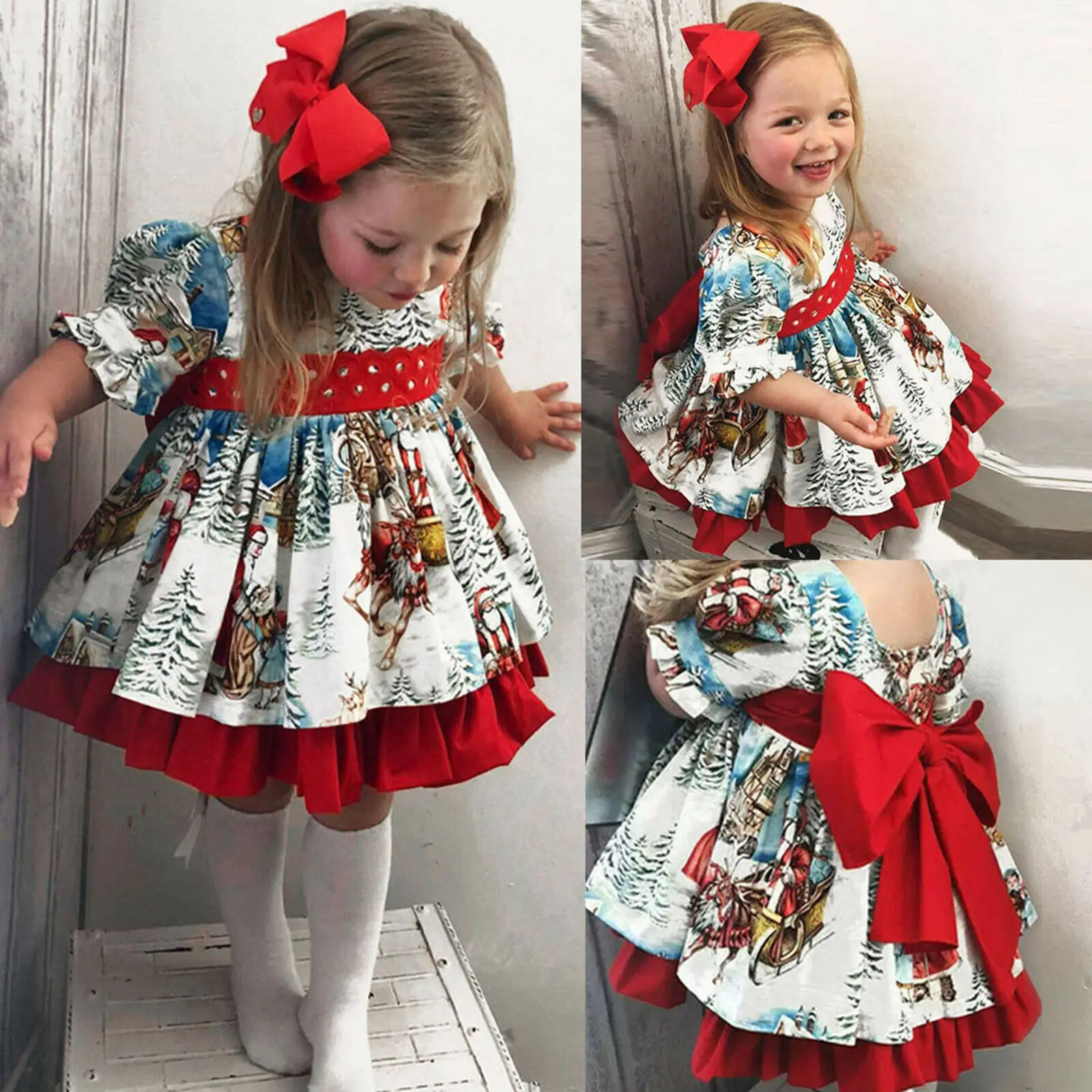 

Toddler Baby Girl Christmas Dress Cartoon Xmas Santa Print Big Bow Party Princess Dress TY66