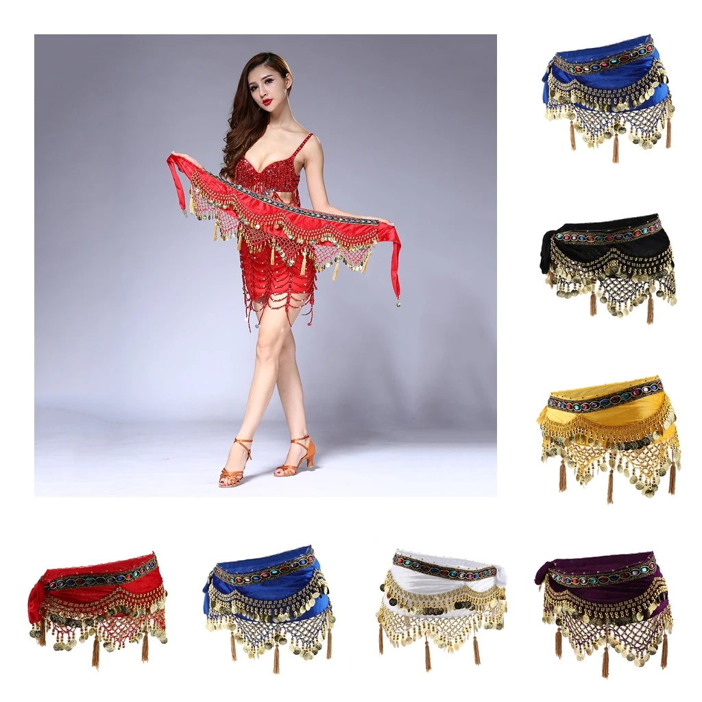 

Womens Sequins Belly Dance Hip Scarf Wrap Skirt With Gold Coins