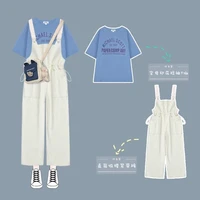 2021 summer casual suit women student preppy korean harajuku letter short sleeved t shirt waist straight rompers two piece set