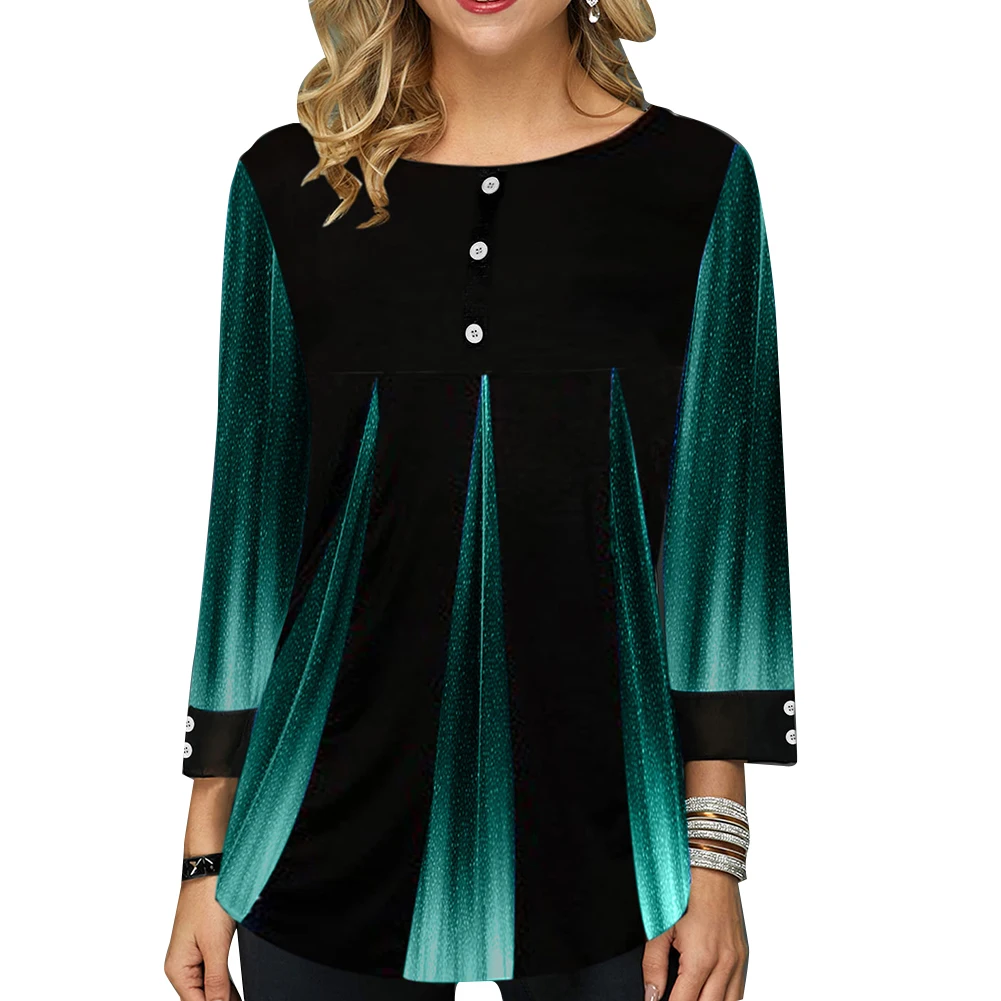 Модная женская футболка с круглым вырезом и рукавом 3/4 принтом пуговицами