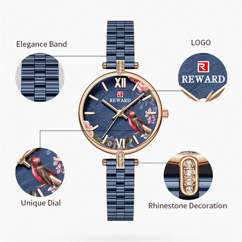 REWARD Luxury Women Watch Top Brand Stainless Steel Wrist Watches For Woman Rhinestone Quartz Ladies Clock Hign End Female Gift