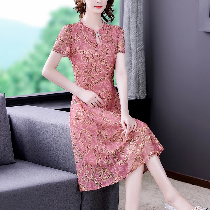 

2022 Women Pink Floral Chiffon Beach Midi Sequins Dress Summer Vintage Casual Dress Elegant Bodycon Party Evening Vestidos