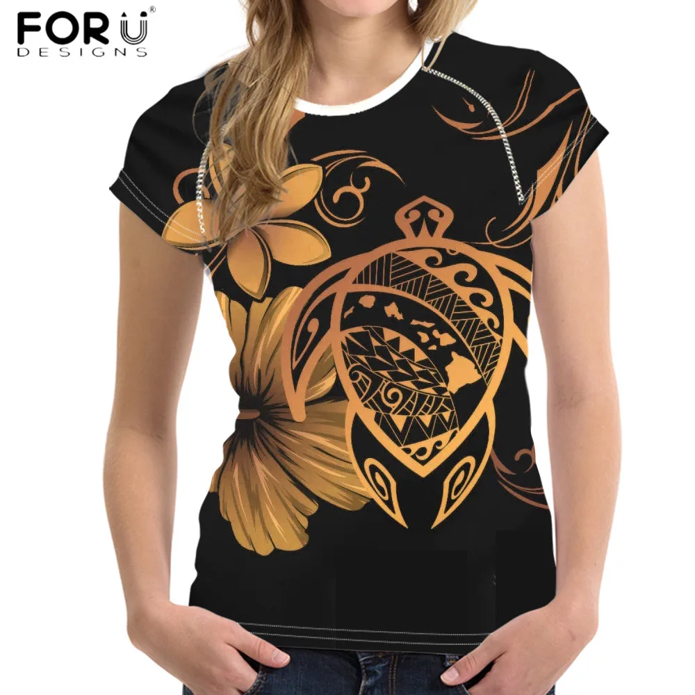 

FORUDESIGNS Harajuku Women T Shirts For Casual Hawaiian Polynesian Flower With Turtle 3D Printed Female Short Tops And Tees