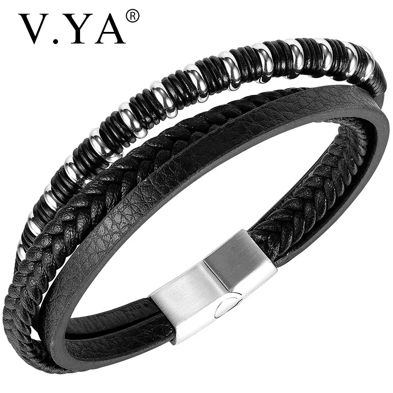 

V.YA Multi Layer Black Leather Bracelet For Men Braided Punk Rock Titanium Steel Bracelet Fashion Jewelry Male Bangle Friend
