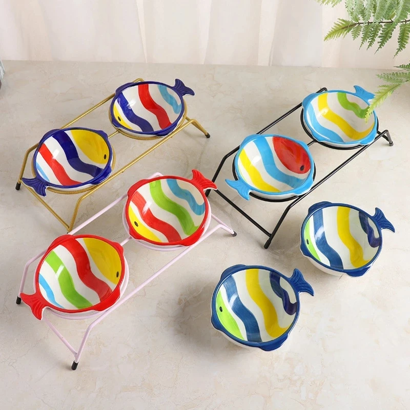 

Fish Shaped Cat Cute Bowl Cartoon Pet Ceramic Bowl Iron Frame Double Bowl Dog Cat Universal High Quality Non-slip Bowl Pet Feede