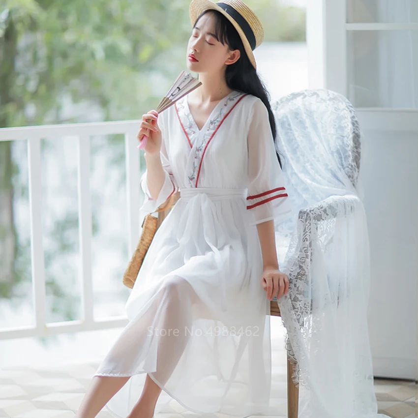 

Summer Fairy Chinese Style Girl Women Traditional Clothes Hanfu Dress Streetwear Chiffon Kimono Lace Up Embroidery Folk Dance
