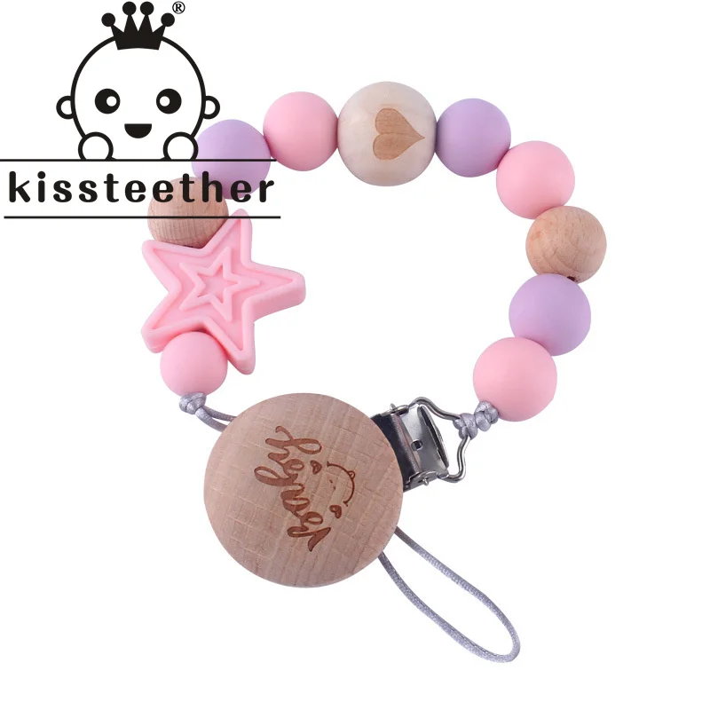 

Kissteether BPA Free Beech Wooden Printing Clips Silicone Star Pacifier Chain Nursing Teething Gift For Newborn Baby Boy Girl