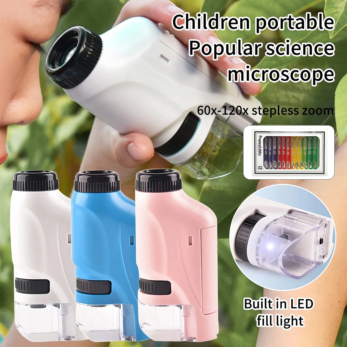 

Handheld Microscope Kit Lab LED Light 60X-120X Home School Biological Science Educational Toys with 12Specimen For Children Kids