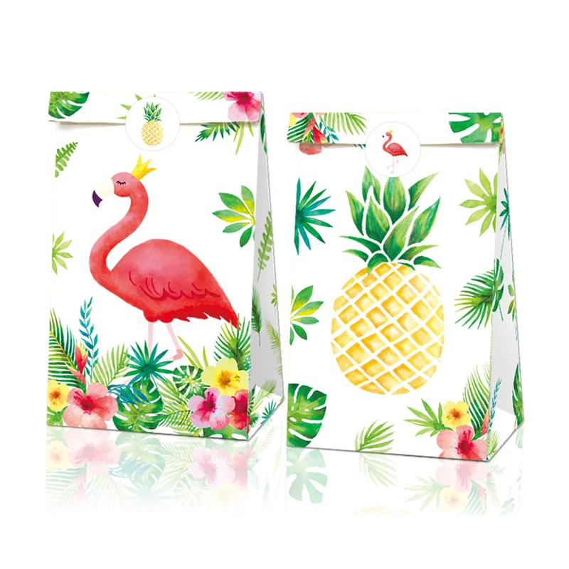 

12pcs Flamingo Pineapple Printed Gift Bags Kraft Paper Bag Hawaii Summer Party Decor Candy Box Tropical Luau Aloha Party Decor