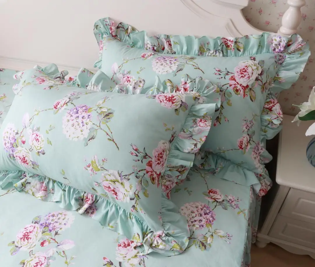 

100%Cotton Flowers Blue Bedding Set 4Pcs Blossom Floral Ruffle Duvet Cover Bedding set Bedskirt Pillow sham Queen King Twin size