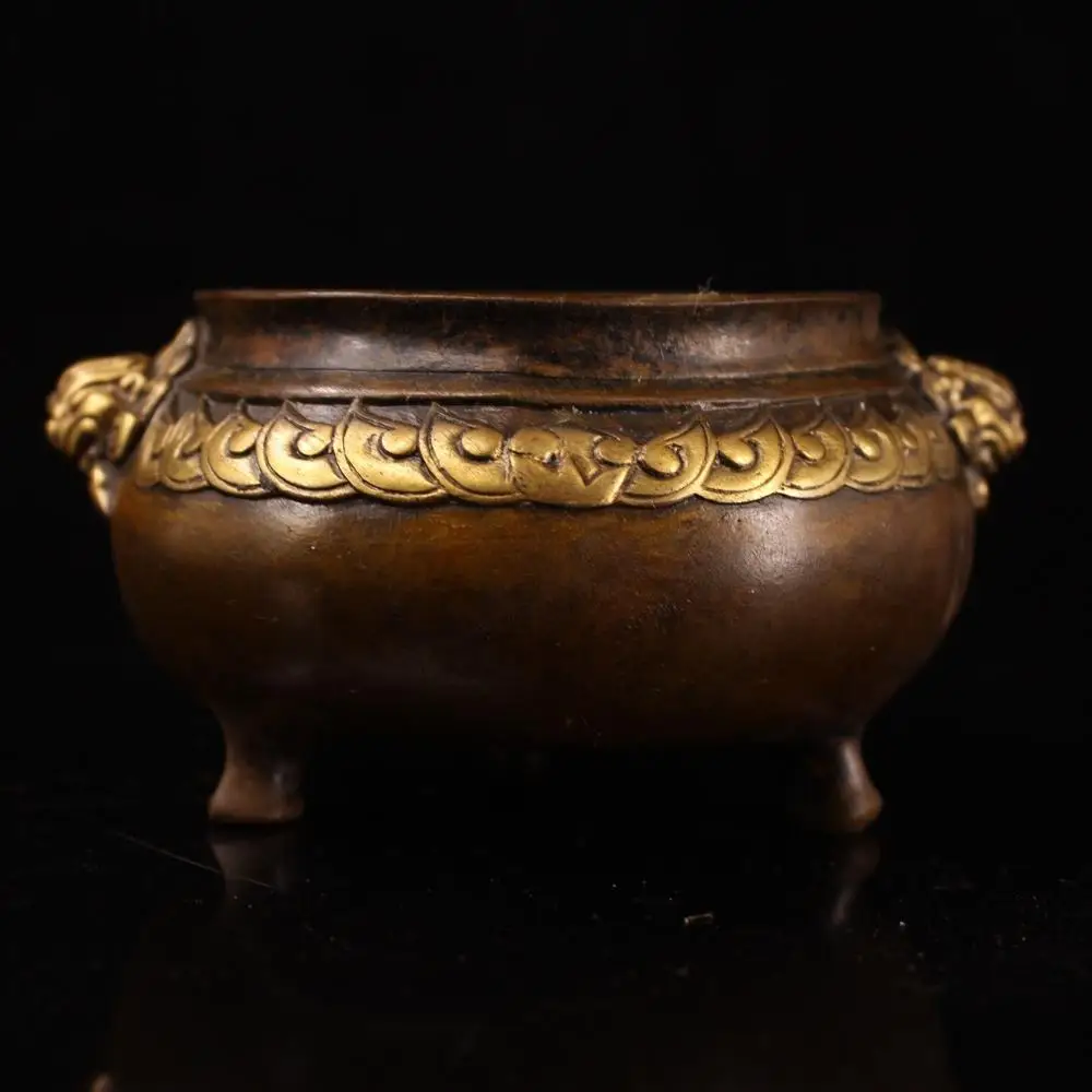 

wedding decoration Tibetan monastery collection old pure copper handmade gilt tiger head small incense burner