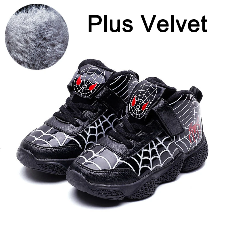 Thick velvet Black Детская обувь; бархатная теплая спортивная обувь для мальчиков; модные кожаные детские повседневные кроссовки «Человек-паук»; зимние ботинки для мальчиков - Цвет: Thick velvet Black