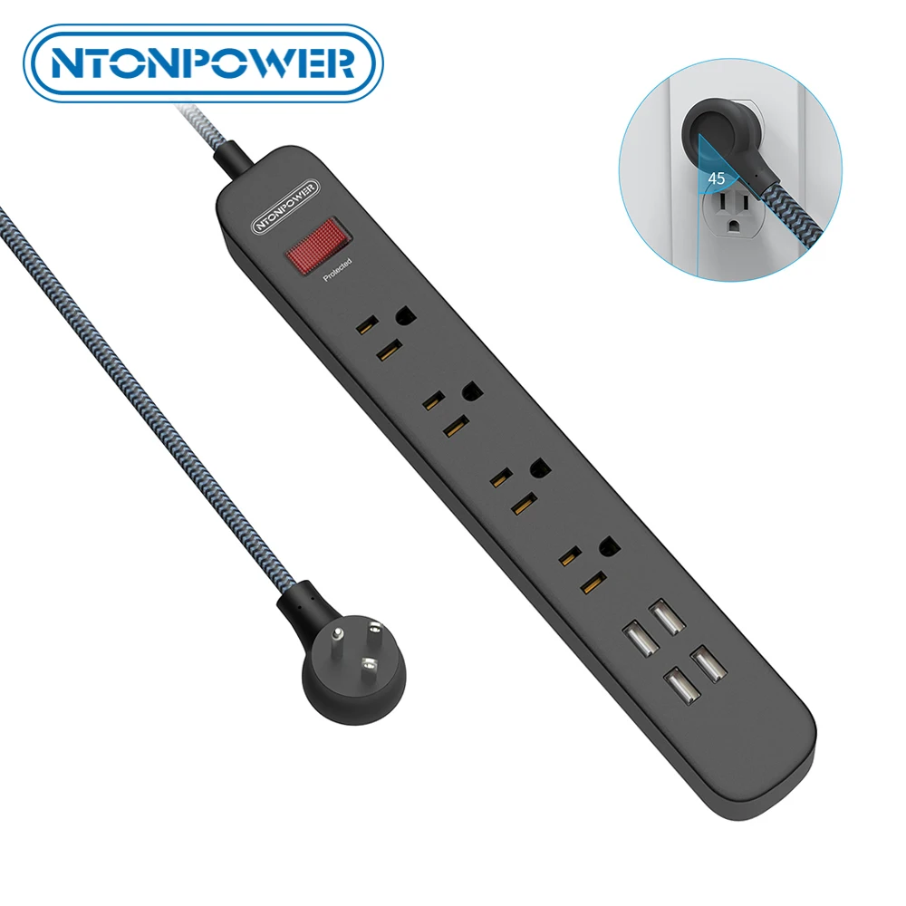 NTON POWER US Power Strip Plug черная плетеная проволока Защита от перенапряжения розетка