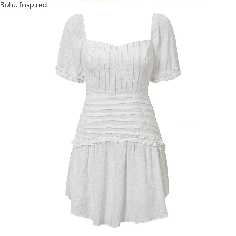 

BOHO INSPIRED white ruffle women dress Tie up back ladies party dress puff sleeve mini summer dress Pleated chic dress female