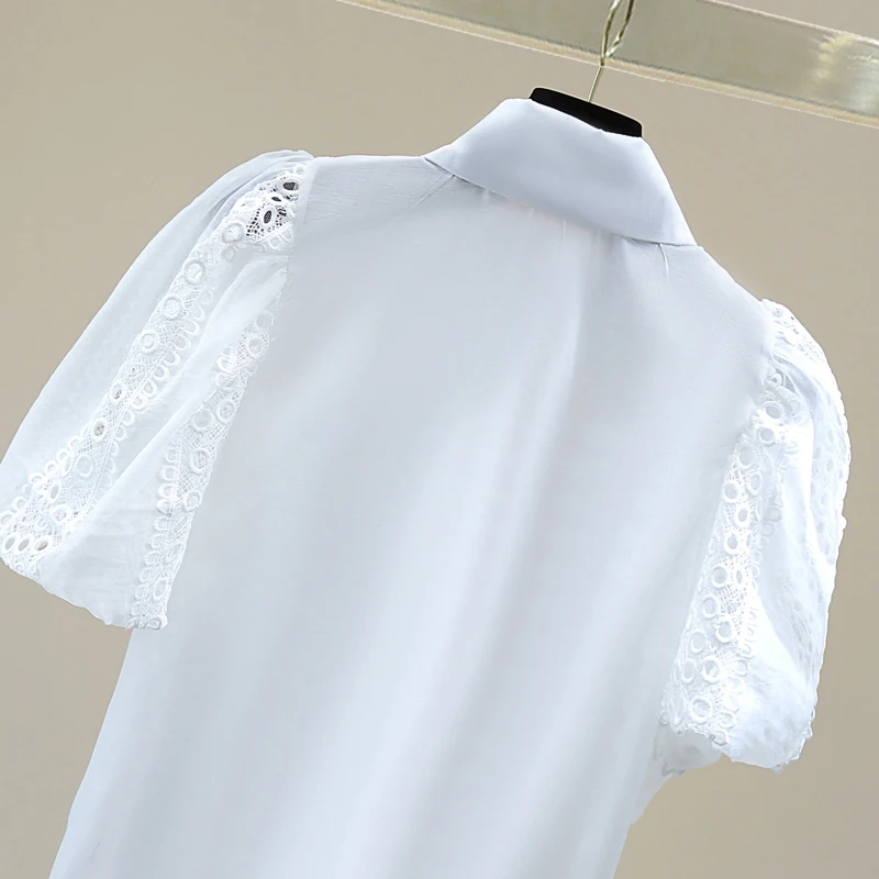 

TWOTWINSTYLE Hollow Out Chiffon Shirt For Women Lapel Puff Sleeve Casual Elegant Blouse Female Fashion New Clothing 2021 Stylish