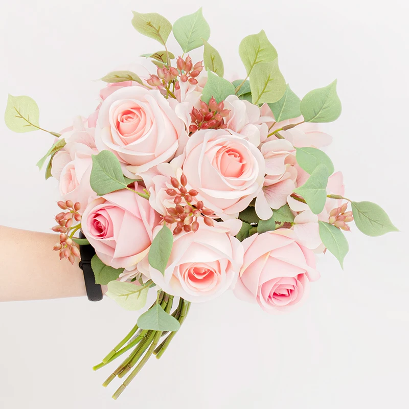 

Large Rose Artificial Bouquet Bridal Flowers Silk Hydrangea Big Fake Flower Pink Eucalyptus Decor Christmas Wedding Home Berry
