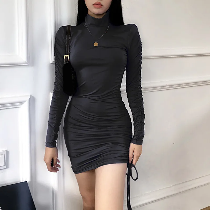 

WJFZQM Women Bandage Ruched Dress Autumn Winter Irregular Sexy Club Dress Bodycon Long Sleeve Solid Color Buttocks Mini Dresses