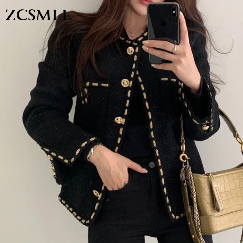 

ZCSMLL Temperament Round Neck Contrast Color Single-breasted Loose Long-sleeved Tweed Coat Female 2021 Korean Autumn Winter