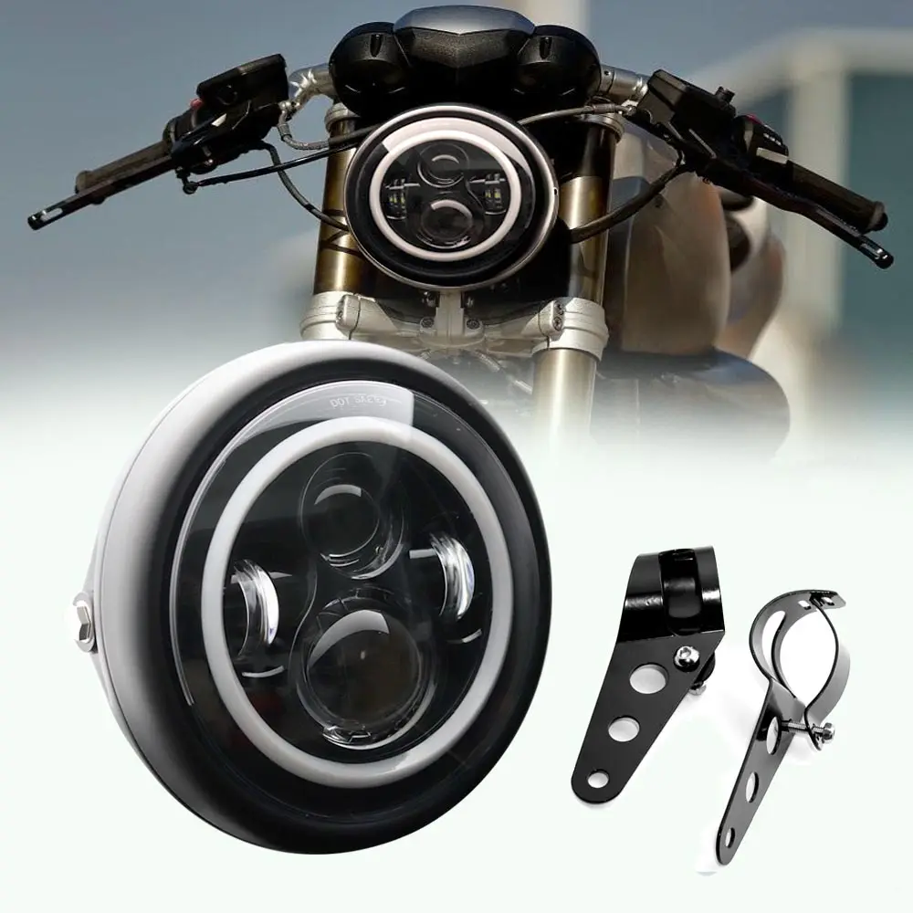 

7,5 "Круглый налобный фонарь с белым/янтарным кольцом Halo для Cafer Racer Honda Suzuki BMW 7,5 дюймов проектор светодиодная фара мотоцикла