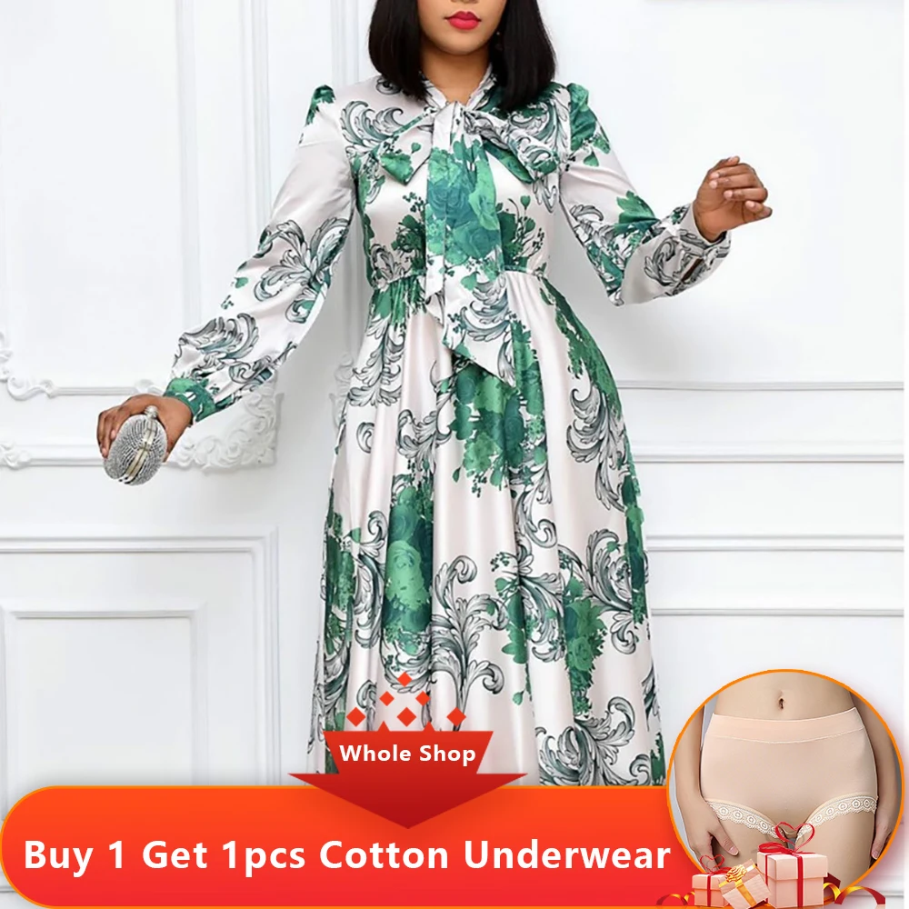 

Women Long Sleeves Printed Dresses with Bowtie Collar Pleated High Waist Midi Elegant Ladies Fashion African New Vestidos Robes