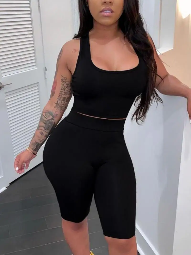 

European and American Women's Fashion Casual Solid Color Vest Shorts Slim Sports Two-Piece Suit