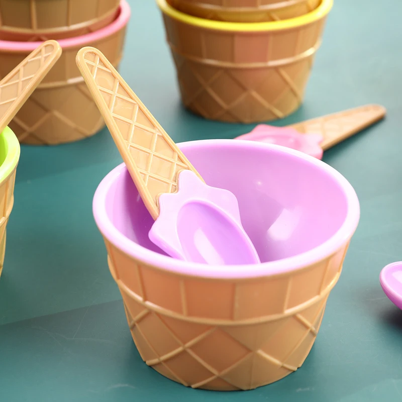 

12Pcs Children Colored Ice Cream Bowl + Cone Spoon Plastic Bowl Party Accessory