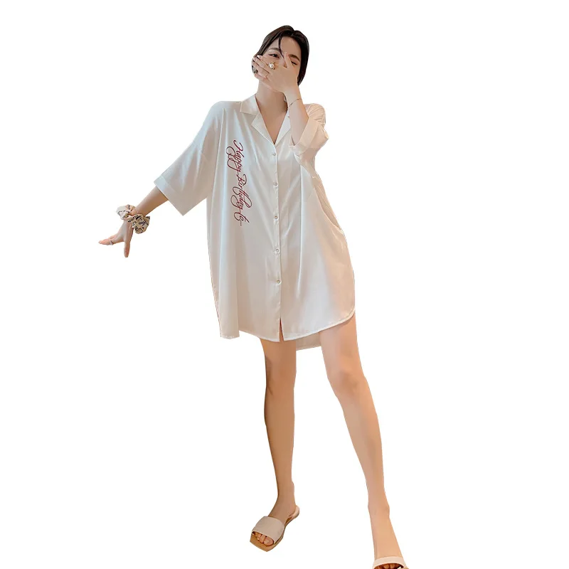 

White Short Nightdress Women Satin Nightgown Intimate Lingerie Casual Button-down Nightwear Summer New Sleepshirt Homewear