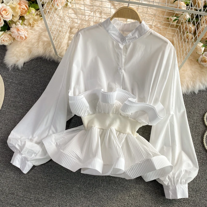 

Europe Spring Sweet Vintage Elastic Waist Tunic Pleated Ruffled Blouse Womens Lantern Long Sleeve Elegant Black White Shirt Tops