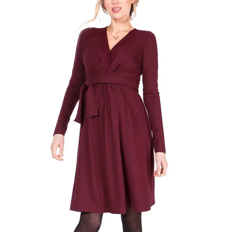 Hot Sale Autumn Creative Maternity Dress Breastfeeding Dress Fashion Long Sleeve Long Sashes Cross V-neck Nursing Dress
