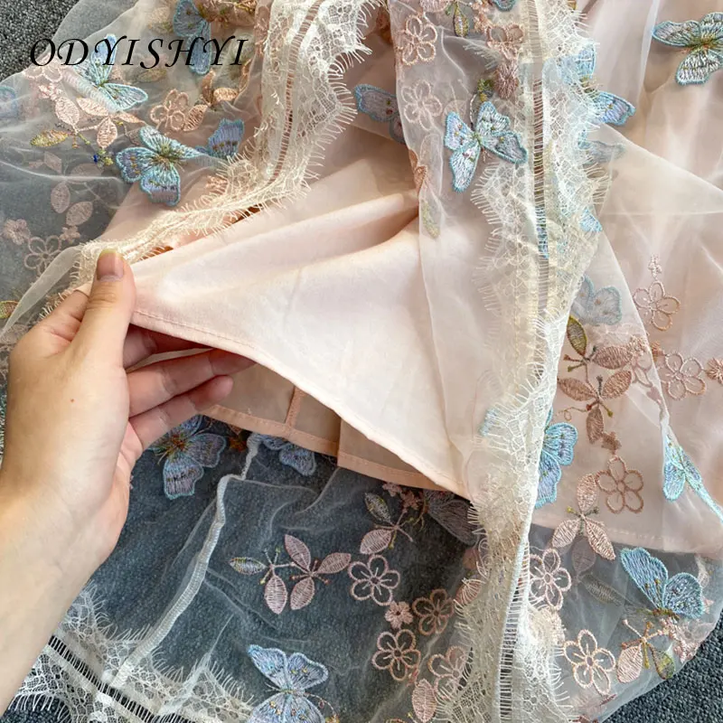 

2021 New Spring Women's Pink Dress Mesh Embroidery Butterfly Round Neck High Waist Short Sleeve Woman Long Dress Vestido VT20