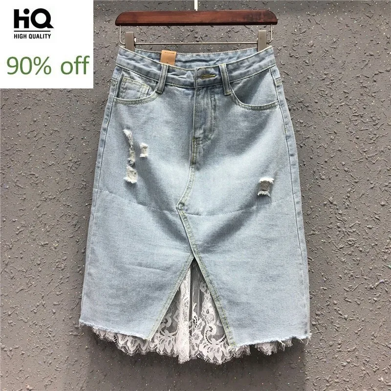 Женские джинсовые юбки в стиле ретро с рваными дырками лето 2020 новая кружевная