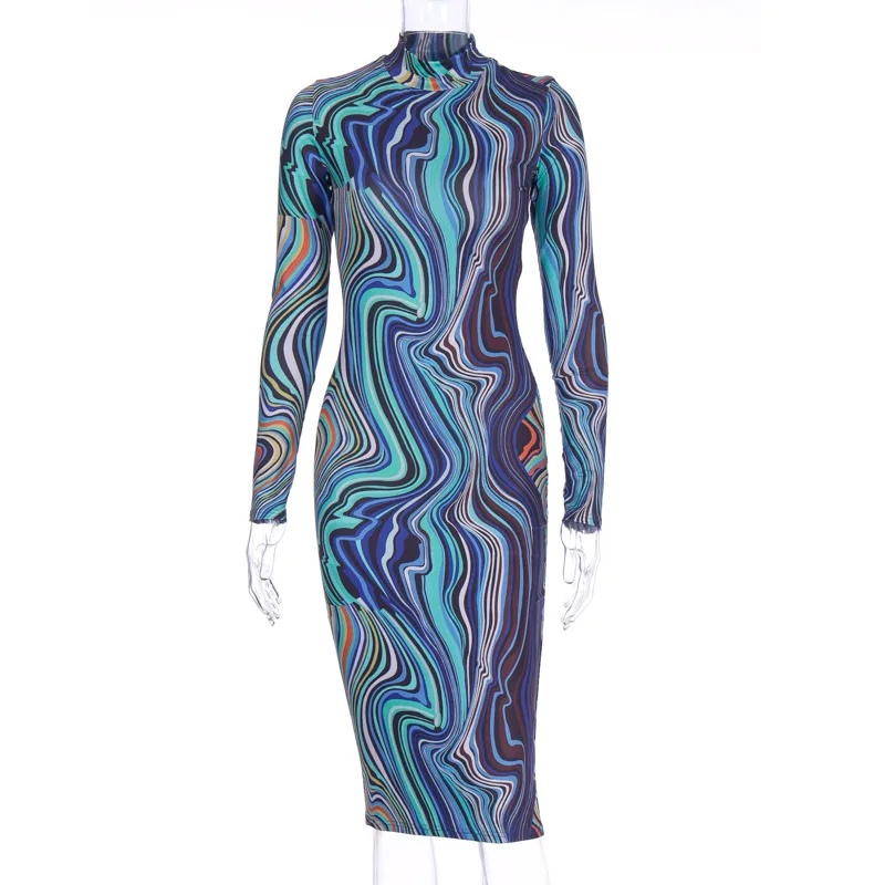 

2020 Newon Spring Office Lady Striped Sheath Knee-length Dress Streetwear Sexy Women O Neck Long Sleeve Skinny Vestidos Gowns