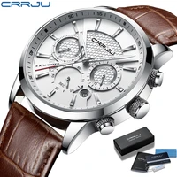 watches mens 2021 crrju casual leather quartz mens watch top brand luxury business clock male sport waterproof date chronograph