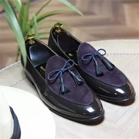 new men fashion trendy business casual dress shoes handmade black pu leather slip on tassel decoration mens loafers kn352