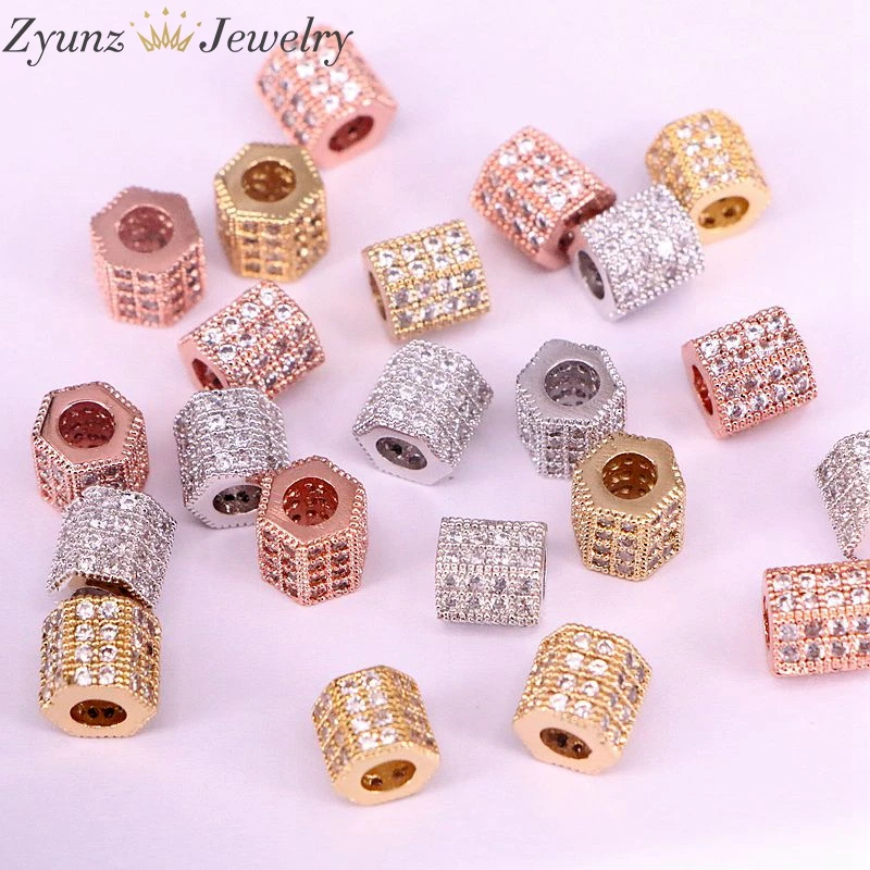 

10PCS, CZ Big Hole Six-sided/Hexagonal Tube Clear Micro Pave Beads, Cubic Zirconia Beads, Findings
