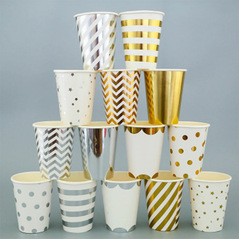 

10pcs Golden Cup Party Paper Tableware Birthday Party Dinner Plate Polka Dot Striped Cup For Women Men Wedding Party Supplies