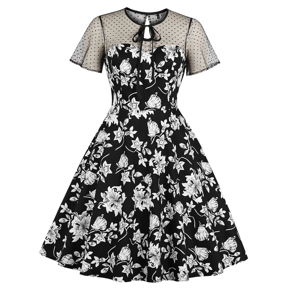 Женское Сетчатое платье с коротким рукавом черное в готическом стиле цветочным