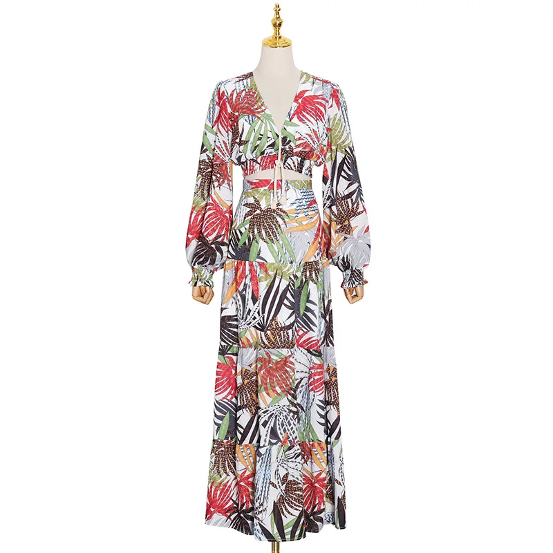 

Fashion Women Two-piece Set 2021 Spring New V-Neck Long Sleeve Print Short Shirt + High Waist Loose Women Skirt Ee73