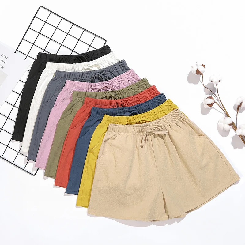 

Cotton Linen Shorts Korean Women's Shorts Casual Elastic High Waist Short Pants Solid Loose Plus Size S-XL Wide-legged Trousers