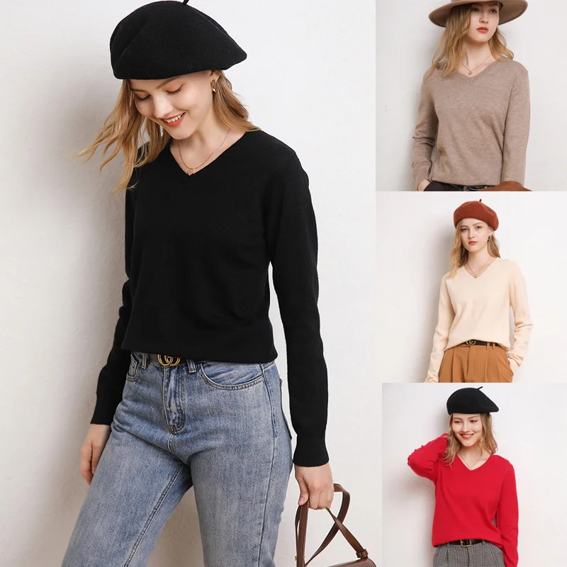

Wool Knitted Women Sweaters Autumn Winter Jumpers Solid V-Neck Long Sleeve Pullover Vintage Sweet Casual Tight Girls Sweater Top