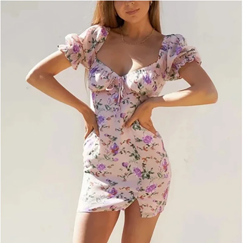 

WYWMY Sexy Summer Women Dress Slash Neck Puff Sleeve Bohemian Mini Dress Temperament Sweet Split Shoulder Lace Up Short Vestidos