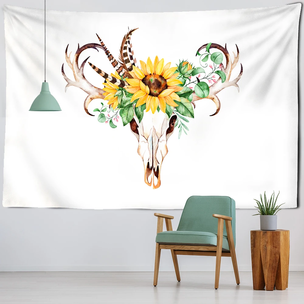 Простой мультяшный олень гобелен с изображением скелета Подсолнух перо узор