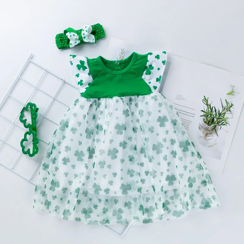 

Summer New 3-36M Baby Girls Flying Sleeve Round Neck Clothes Infant Green Leaf Cotton Breathable Net Yarn Dress with Headdress