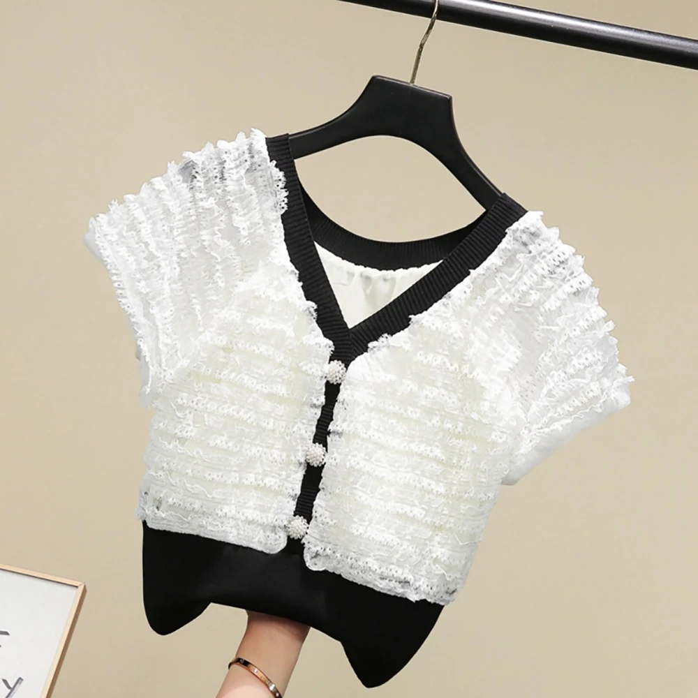 

Fashion Patchwork Beading Button Short Lace Women Blouses O-Neck Thin Slim Short Sleeve Shirts Shirt Summer Cropped Tops