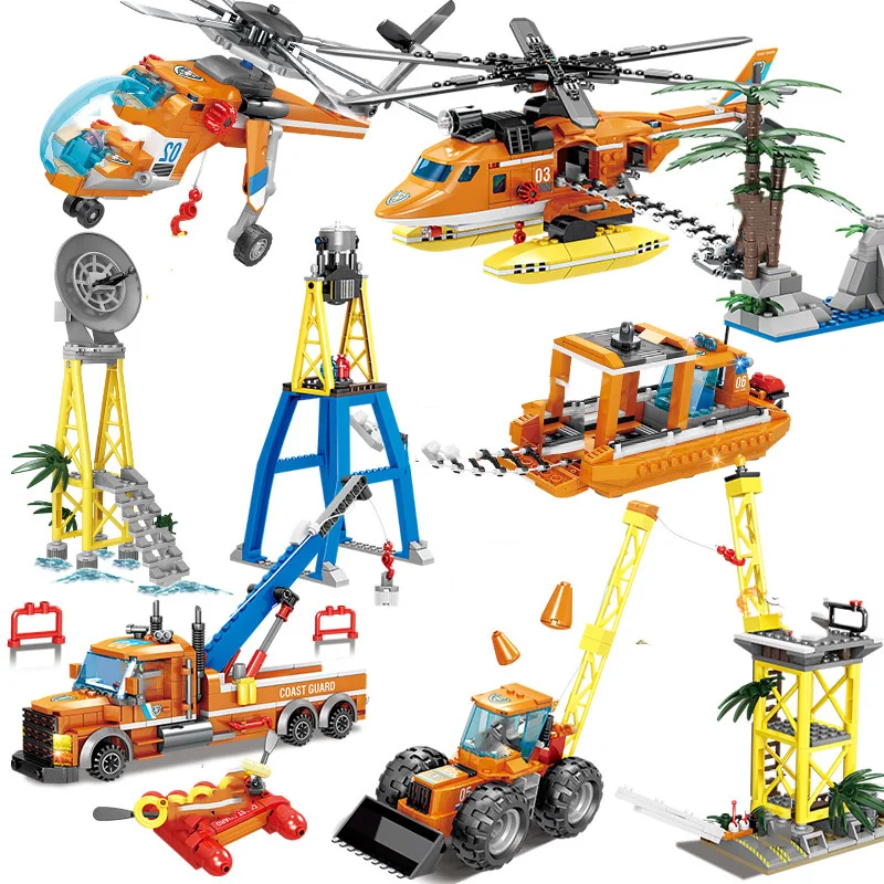Конструктор детский городская Спасательная команда вертолет лодка кран