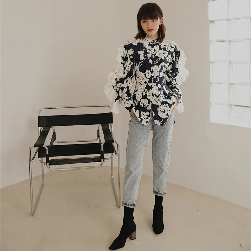 WHITNEY WANG Blouses 2020 Spring Fashion Streetwear Lace Ruffles Patchwork Florals Printed Blouse Women Blusas Lady Shirt Top | Женская