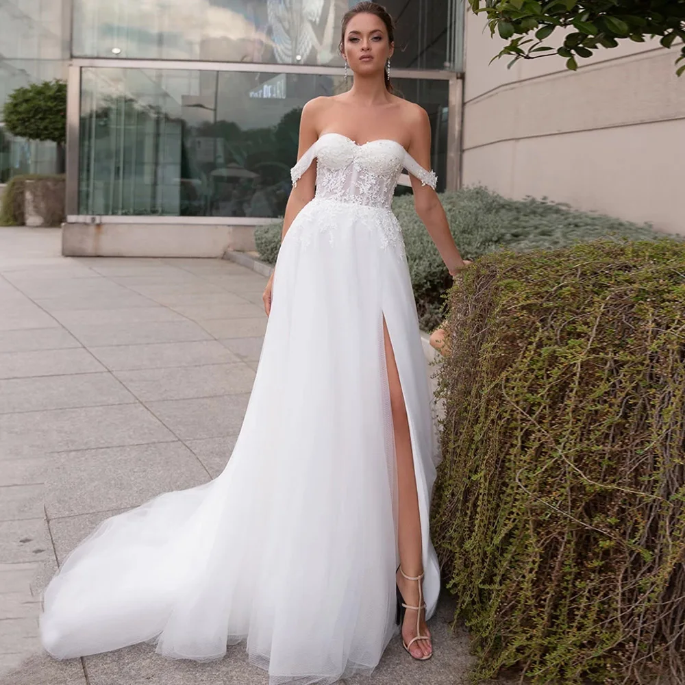 

White Lace Wedding Dress Boho Off the Shoulder High Slit Country Bridal Gown with Boning Lace Up Back Princess Bride