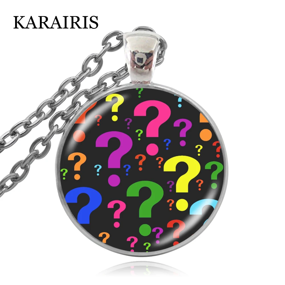 

KARAIRIS Classic Round Rainbow Question Marks Necklace Glass Dome Pendants Handmade Jewelry Necklace For Boy Girls Accessories
