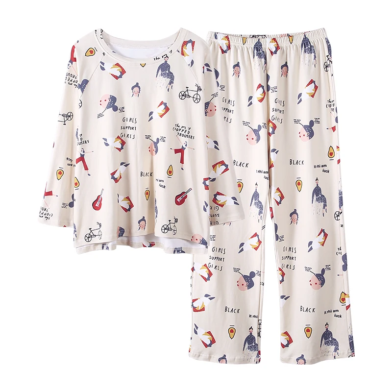 

Cute Cartoon Girl Nightwear Outdoor Casual Sleepwear Autumn Winter Knitted Cotton Pajamas Set For Women Loose Round Neck Pajamas