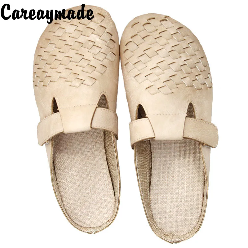Careaymade-Summer new Women's flat bottomed Retro shoes with Baotou half weave slippers on the outside soft sole Lazy shoes